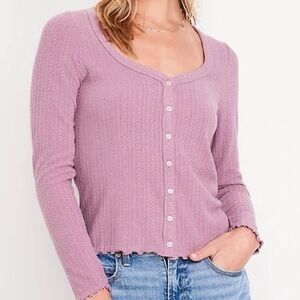 Old Navy Mauve Button Down Pointelle Mauve Pink Lettuce Hem Top